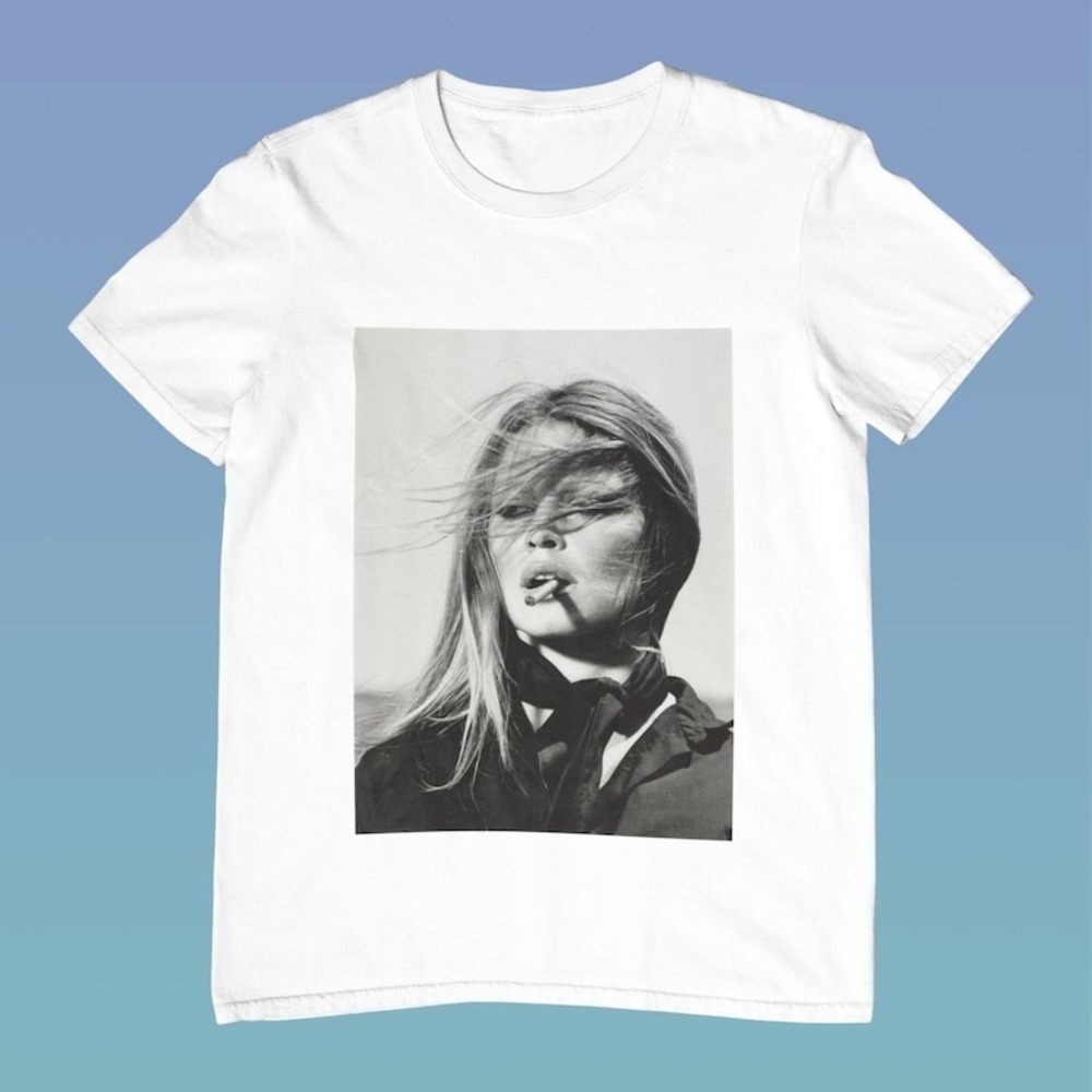 Graphic White Short Sleeve Tee with Monochrome Portrait